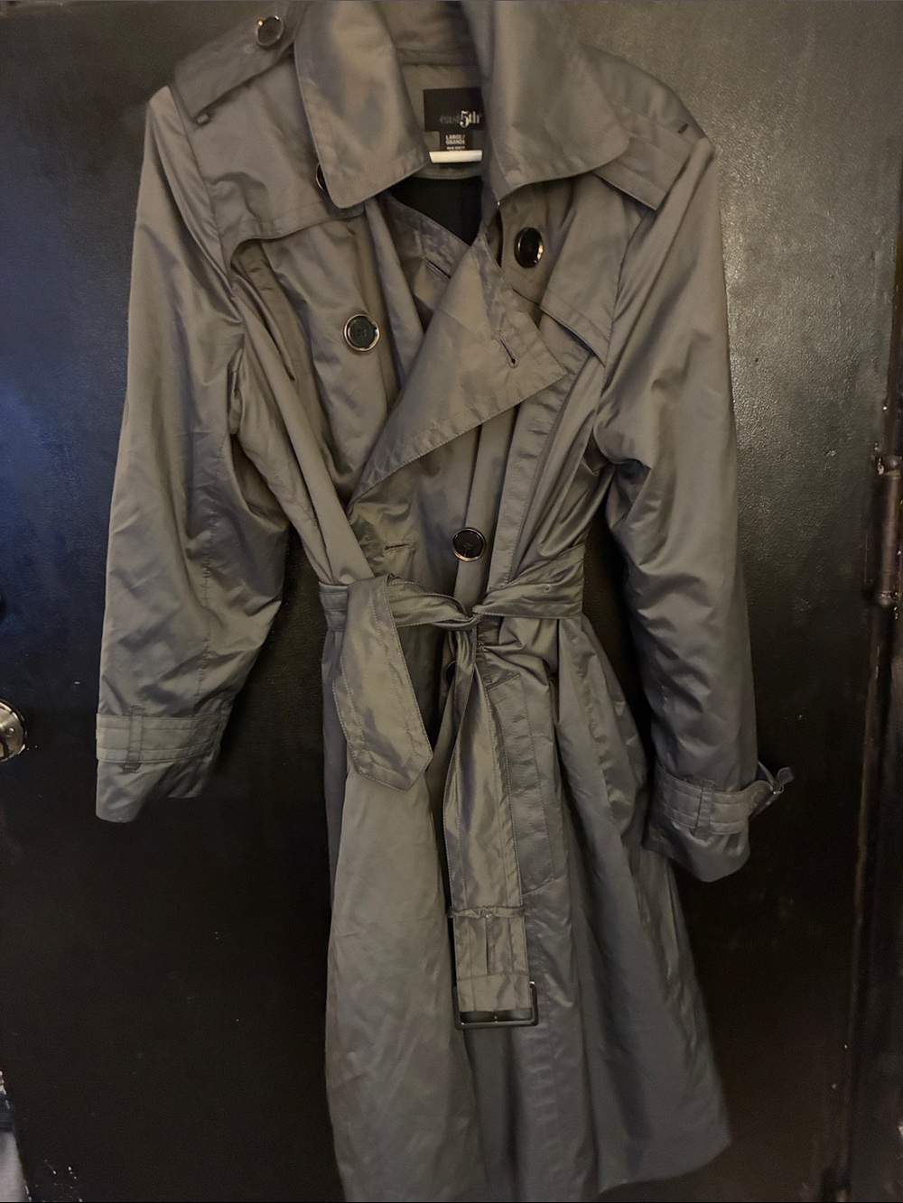 East 5th Y2K gunmetal Double-Breasted Trench Coat with Belt, shoulder epaulets
